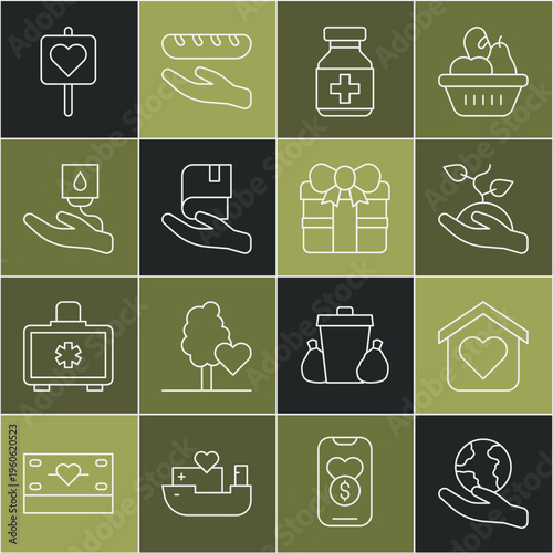Set line Hand holding Earth globe, Shelter for homeless, Volunteer team planting trees, Medicine bottle pills, Book donation, Blood, Location with heart and Gift box icon. Vector