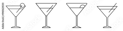 Line art illustration featuring a row of elegant martini cocktail glasses