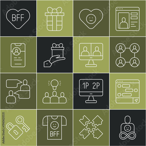 Set line Friends forever, Chat messages on laptop, BFF best friends, Good relationship, Give gift, Dating app online, and Video chat conference icon. Vector