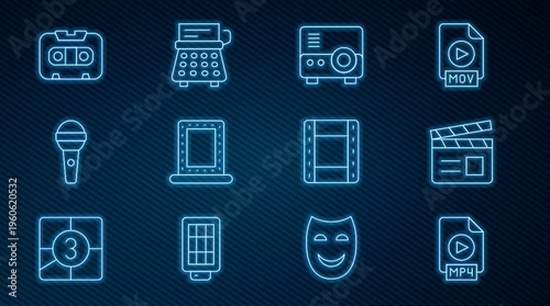 Set line MP4 file document, Movie clapper, Media projector, Makeup mirror with lights, Microphone, Retro audio cassette tape, Play Video and typewriter icon. Vector