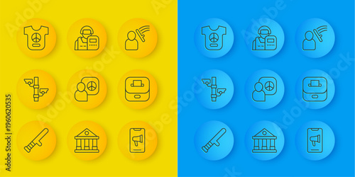 Set line Police rubber baton, Security camera, Peace talks, Protest, Vote box, beat human and officer icon. Vector