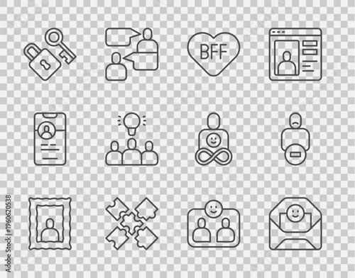 Set line Picture frame, Envelope with Valentine heart, BFF or best friends forever, Puzzle pieces toy, Lock key, Project team base, Friends and Loss of icon. Vector