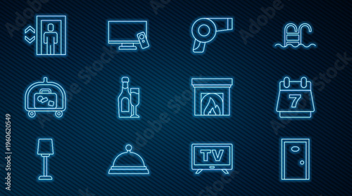 Set line Hotel door, booking calendar, Hair dryer, Champagne bottle with glass, luggage cart, Lift, Interior fireplace and Smart Tv icon. Vector