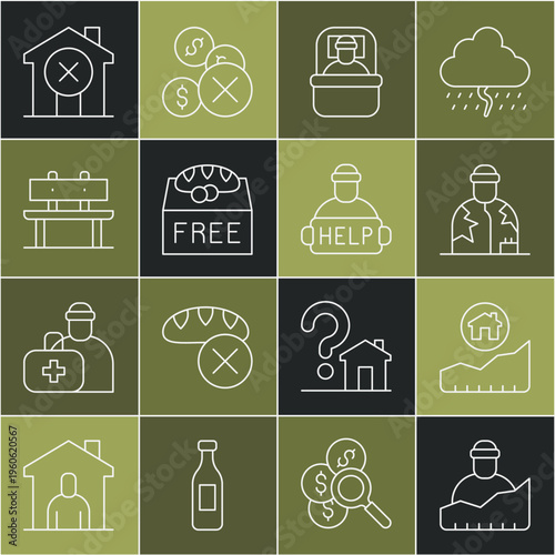 Set line Growth of homeless, Rising cost housing, Homeless, Sleeping bag, Donation food, Bench, No house and Help icon. Vector
