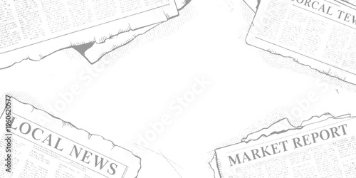 Torn newspaper pages with headlines local news and market report in grayscale