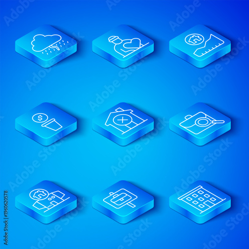 Set line Homeless cardboard house, No, Work search, Rising cost of housing, Donation money, Cloud with rain and Multi storey building icon. Vector