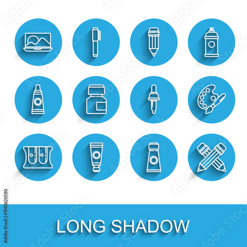 Set line Pencil sharpener, Tube with paint palette, Laptop, Crossed pencil eraser, Paint, gouache, jar, dye, brush and Pipette icon. Vector