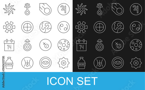 Set line Falling star, Full moon, Cancer zodiac, Comet, Earth globe, Sun, and icon. Vector