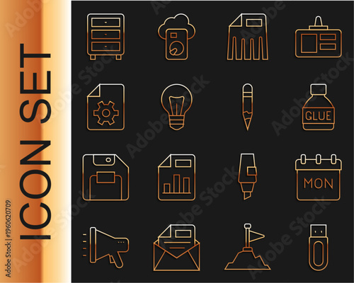 Set line USB flash drive, Calendar, Glue, Paper shredder, Light bulb, Document settings, Archive papers drawer and Pencil icon. Vector