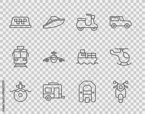 Set line Submarine, Scooter, Rv Camping trailer, Taxi car roof, Plane, Rafting boat and Helicopter icon. Vector