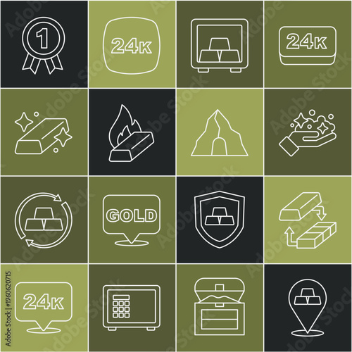 Set line Gold bars, exchange money, mine, Safe with gold, Molten being poured, Medal and icon. Vector