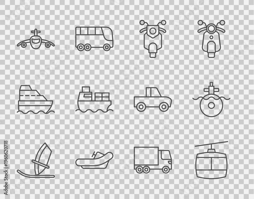 Set line Windsurfing, Cable car, Scooter, Rafting boat, Plane, Cargo ship with boxes delivery, Delivery cargo truck and Submarine icon. Vector