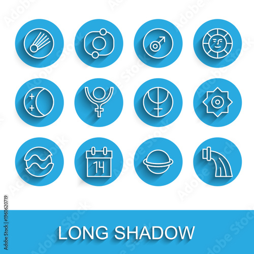 Set line Planet, Calendar, Comet, Saturn, Aquarius zodiac, Symbol Pluto, Falling star and Neptune planet icon. Vector