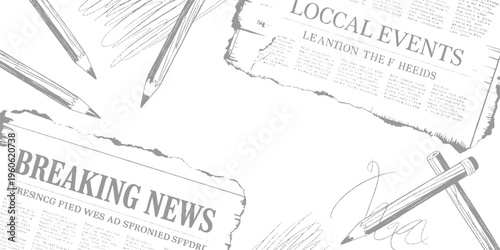 Of pencils and torn newspaper headlines reading breaking news and local events