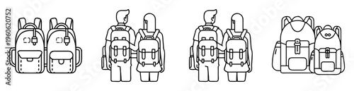 Stylized black and white vector illustration of people with backpacks and bags