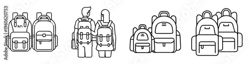 Stylized vector graphic featuring backpacks worn by students and stacked together