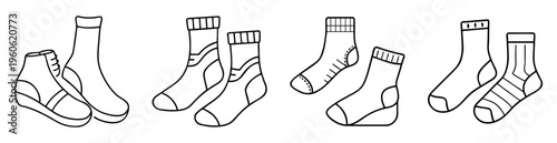 Black and white line art drawing of pairs of various patterned socks
