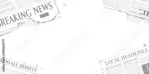 Newspaper headlines with breaking news and local headlines in grayscale