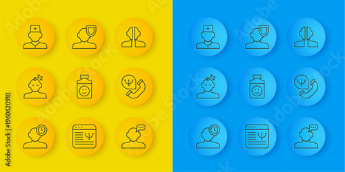 Set line Insomnia, Dreams, Antidepressants, Online psychological counseling, Male doctor, Bipolar disorder and Psychology icon. Vector