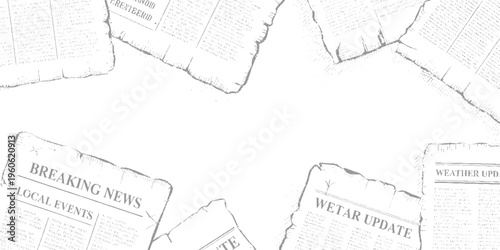 Torn grey newspapers with headlines breaking news local events and weather update white