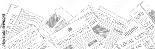 Hand drawn of overlapping newspapers with headlines like breaking news and local events