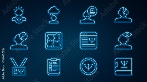 Set line Psychology book, Solution problem in psychology, Male doctor, Yin Yang symbol, Online psychological counseling and Depression and frustration icon. Vector