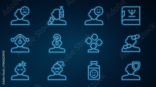 Set line Psychology, Sedative pills, Good mood, Human with question mark, Hypnosis, Sad and depressed man, bad, Schizophrenia and Alcoholism icon. Vector