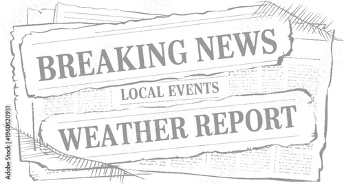 Stacked newspapers with headlines breaking news local events and weather report in grayscale