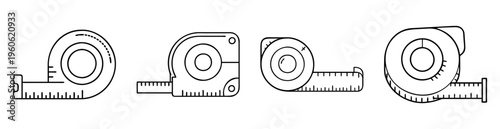 Vector drawing illustration of four different styles of tape measure outline black