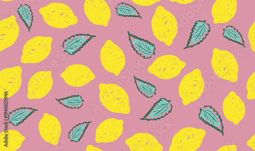 Lemons with mint leaves seamless pattern.	
