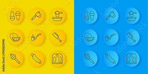 Set line Honey dipper stick, Lemon, Sauna ladle, Bathroom scales, brush, slippers, with bowl and Wooden axe icon. Vector
