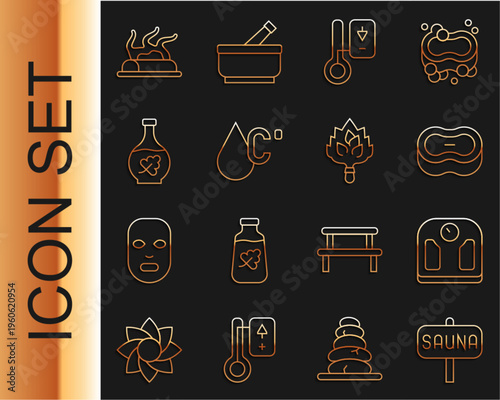 Set line Sauna, Bathroom scales, Bar of soap, thermometer, Water temperature, Essential oil bottle, Campfire and broom icon. Vector