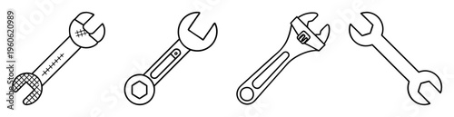 Assorted Wrench Set in Outlined Black and White Illustration for Industrial Purposes