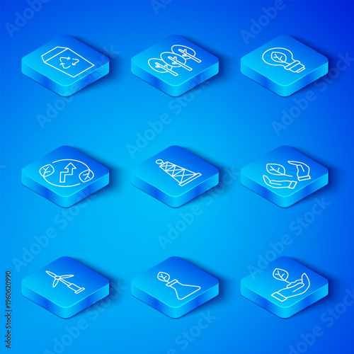 Set line Wind turbine, Oil rig, Plant breeding, Leaf hand, Light bulb with leaf, Electric saving plug, Recycle and icon. Vector