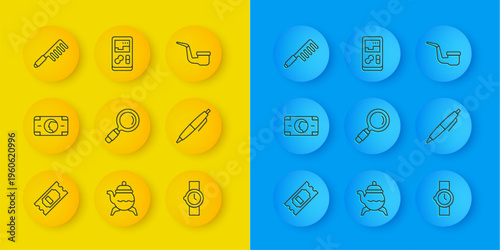 Set line Cinema ticket, Stacks paper money cash, Magnifying glass, Wrist watch, Pen, Hairbrush, Smoking pipe and Portable video game console icon. Vector