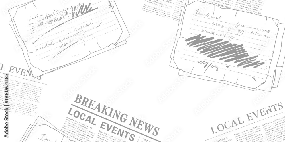 Obraz premium Stack of papers with handwritten notes and printed text including breaking news and local events headlines