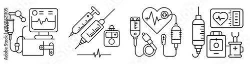 Collection of linear drawings depicting medical devices and vital sign monitors