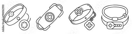 Medical alert bands and bracelets line art collection in black and white