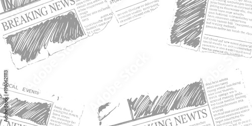 Newspaper pages with headline text and sketchy in grayscale print