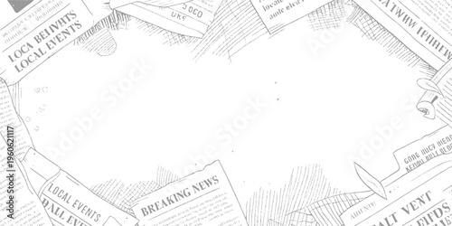 Scattered newspaper clippings with headlines like local events breaking news and ball events