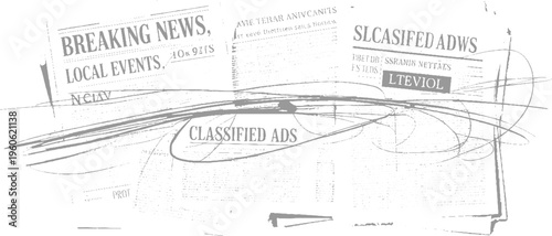 Vintage newspaper pages with breaking news local events and classified ads in grey tones