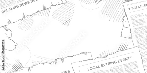 Torn newspaper pages with breaking news and local events headlines in grayscale