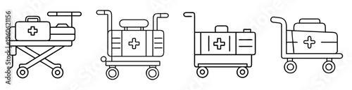 Outline illustration of medical carts with first aid kits and supplies