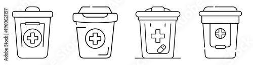 Collection of pharmaceutical disposal bins with medical crosses for safe drug disposal
