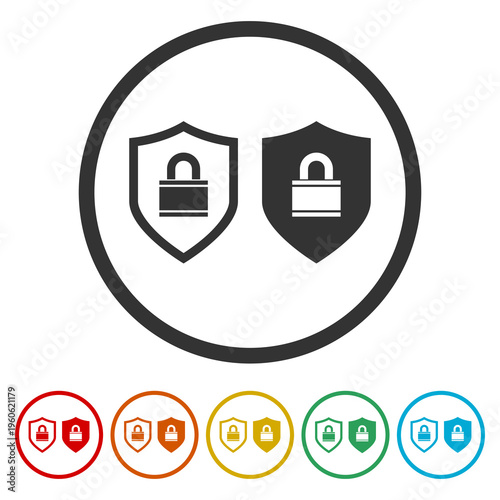 Security shields, lock icon. Set icons in color circle buttons
