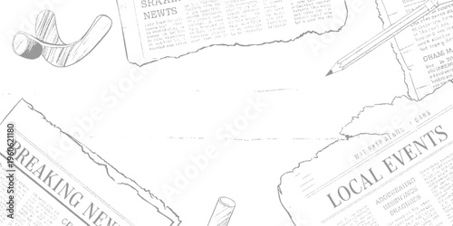 Torn newspaper pages with headlines breaking news and local events in grayscale 3