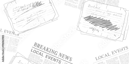 Stack of papers with handwritten notes and printed text including breaking news and local events headlines