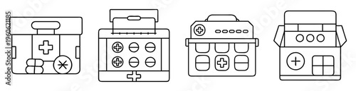 Simple line drawing showing four different first aid kits, medical supplies