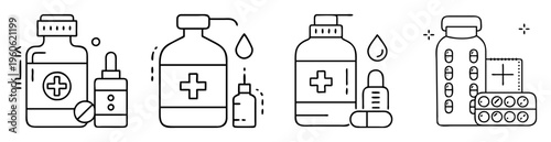 Medical Bottles and Pills Line Art Illustration for Healthcare and Medicine