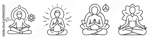 Illustrations of diverse individuals in lotus position symbolizing meditation and mindfulness